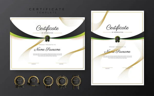 Зеленый Черный Сертификат Достижения Шаблон Золотым Значком Границы — стоковый вектор
