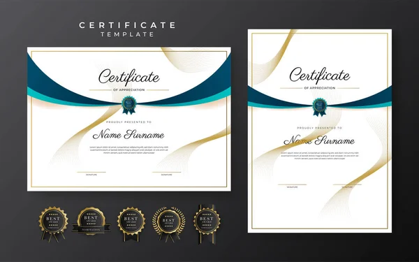 Blue Certificate Achievement Template Gold Badge Border — 图库矢量图片