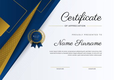 Takdir belgesi, altın ve mavi renk. Altın rozetli temiz modern sertifika. Lüks ve modern sınır şablonu sertifikası. Diploma vektör şablonu