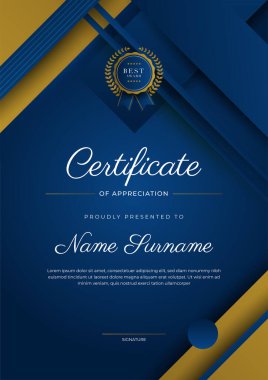 Takdir belgesi, altın ve mavi renk. Altın rozetli temiz modern sertifika. Lüks ve modern sınır şablonu sertifikası. Diploma vektör şablonu