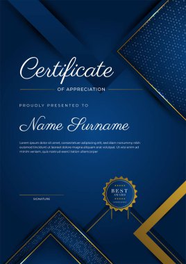 Takdir belgesi, altın ve mavi renk. Altın rozetli temiz modern sertifika. Lüks ve modern sınır şablonu sertifikası. Diploma vektör şablonu