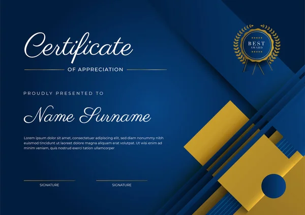 Plantilla Certificado Agradecimiento Oro Color Azul Certificado Moderno Limpio Con — Vector de stock