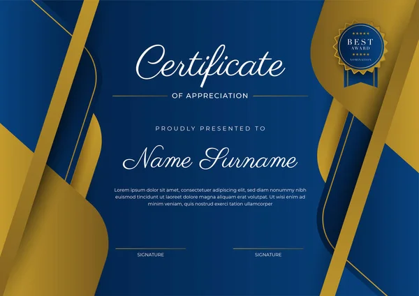Certificaat Van Waardering Sjabloon Goud Blauwe Kleur Schoon Modern Certificaat — Stockvector