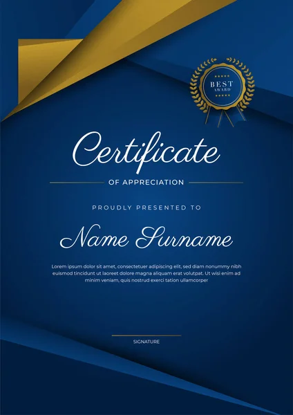 Šablona Certifikátu Ocenění Zlatá Modrá Barva Čistý Moderní Certifikát Zlatým — Stockový vektor