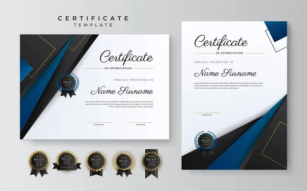 Blue Black Certificate Achievement Template Gold Badge Border — Stock Vector