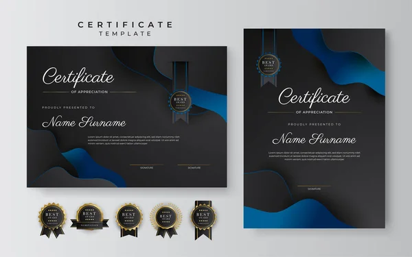 Blue Black Certificate Achievement Template Gold Badge Border — Stock Vector