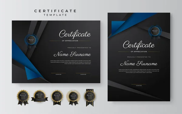 Blue Black Certificate Achievement Template Gold Badge Border — ストックベクタ