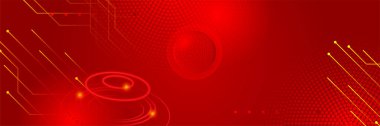 Fütürist teknoloji soyut kırmızı renkli tasarım pankartı. Parçacıkların ve dalga şekillerinin olduğu soyut kırmızı pankart. Vektör soyut grafik tasarım sancak deseni arkaplan ağ şablonu.