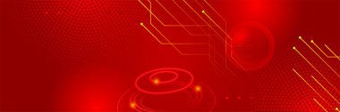 Fütürist teknoloji soyut kırmızı renkli tasarım pankartı. Parçacıkların ve dalga şekillerinin olduğu soyut kırmızı pankart. Vektör soyut grafik tasarım sancak deseni arkaplan ağ şablonu.