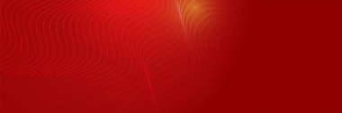 Fütürist teknoloji soyut kırmızı renkli tasarım pankartı. Parçacıkların ve dalga şekillerinin olduğu soyut kırmızı pankart. Vektör soyut grafik tasarım sancak deseni arkaplan ağ şablonu.