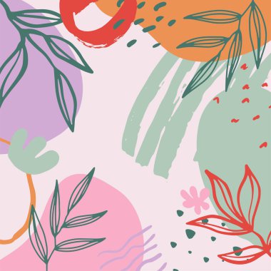 Sosyal medya paylaşımları için soyut çiçek geçmişleri. Metin için tropikal yapraklı vektör modu kare şablonları ve kopyalama alanı