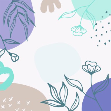 Sosyal medya paylaşımları, hikayeler, afişler, mobil uygulamalar, web, baskı, reklamlar için soyut çiçek tasarım şablonu. Metin, organik şekiller ve çiçekler için kopyalama alanı olan vektör düzeni. Pastel renkler, doğal motifler