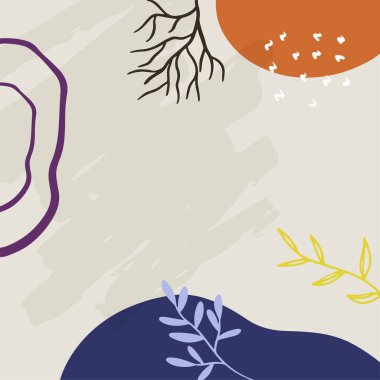 Elle çizilmiş organik şekillere, dokulara ve çiçeklere sahip modern vektör illüstrasyonları. Sosyal medya paylaşımları ve hikayeleri için modaya uygun yaratıcı arka planlar, afişler, markalaşma tasarımı,