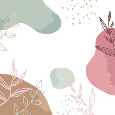 Tropik desen. Orman bitkilerinin, muz, palmiye yapraklarının, canavar yapraklarının, parlak sıvı şekillerin ve grunge nokta dokularının olduğu basit yassı düzlemdeki tropikal arkaplan koleksiyonu