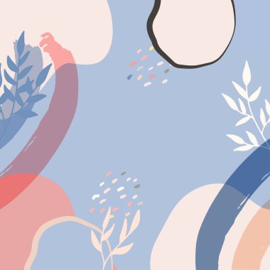 Modern kolaj tarzında asgari soyut organik şekillere sahip güzel pastel sosyal medya kare afiş şablonu. İskandinav renk temalı en düşük arkaplan