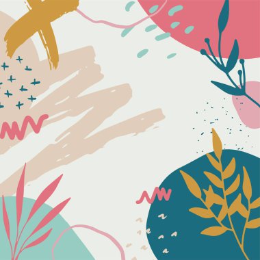 Çiçekli ve geometrik elementli modaya uygun, soyut kare sanat şablonları. Sosyal medya paylaşımları, mobil uygulamalar, afişler tasarımı ve internet / internet reklamları için. Moda geçmişi. Boho tarzı arkaplan