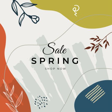 Beyaz çiçekli, yeşil yapraklı, okaliptüslü ve sulu bir bahar tasarımı. Yuvarlak şekil ve metin için boşluk. Sancak veya el ilanı satış şablonu, vektör illüstrasyonu.