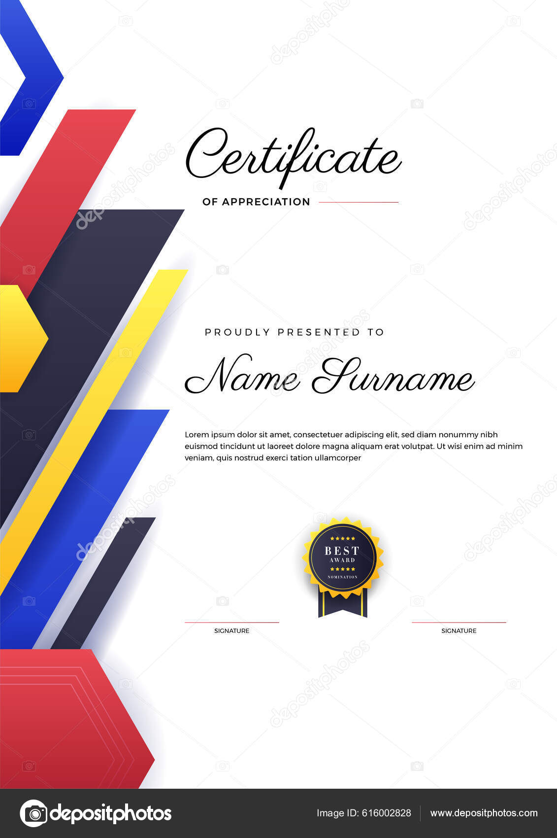 Certificado Vermelho Amarelo Azul Moderno Modelo Realização Com Crachá Ouro  Vetor de ©salmanalfa 616002828, image size:1131x1700