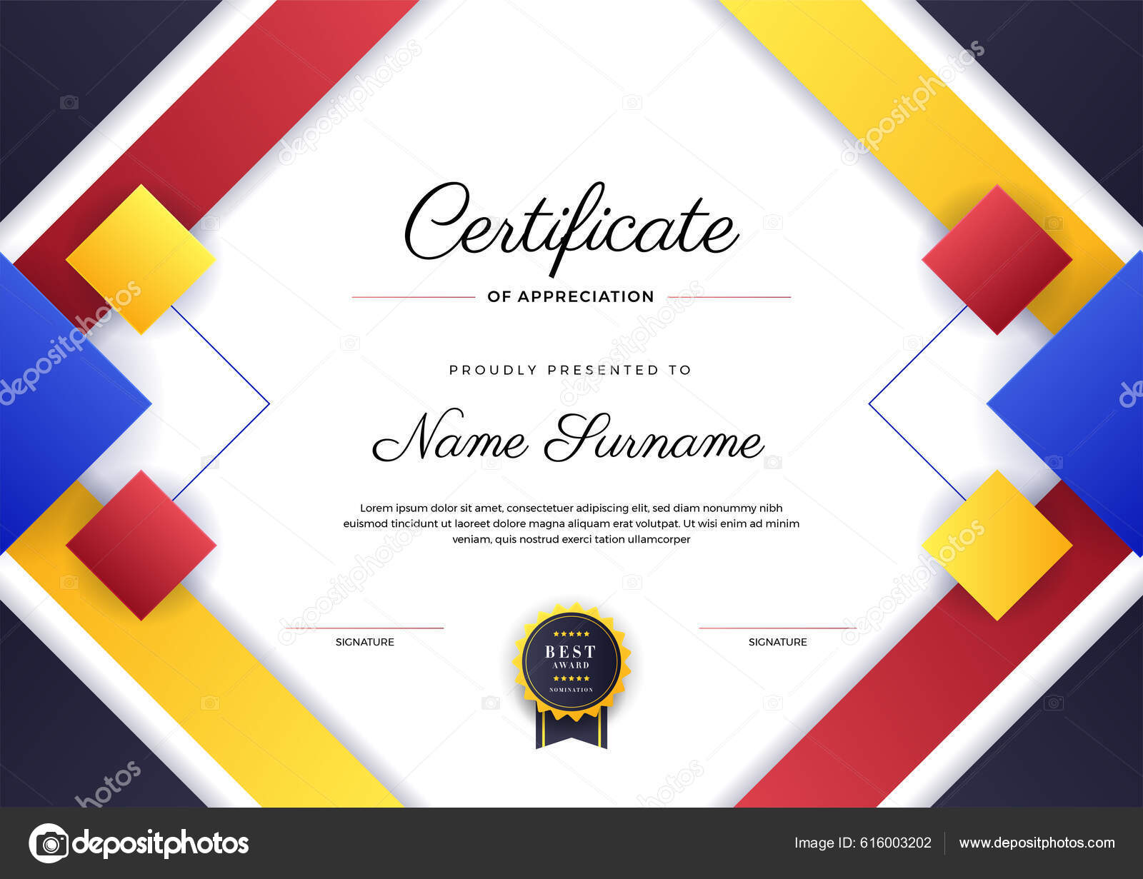 Certificado Vermelho Amarelo Azul Moderno Modelo Realização Com Crachá Ouro  Vetor de ©salmanalfa 616003202, image size:1600x1231