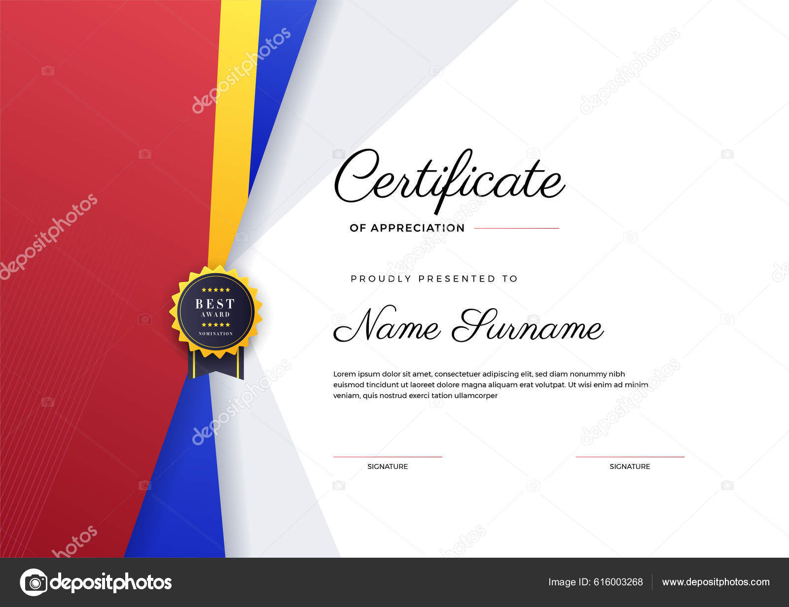 Certificado Vermelho Amarelo Azul Moderno Modelo Realização Com Crachá Ouro  Vetor de ©salmanalfa 616003268, image size:1600x1231