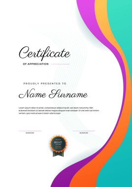 Modern sertifika şablonu tasarımı. Geometrik renkli soyut sertifika tasarım şablonu vektörü. İş dünyası, şirket, kurum, parti, şenlik, seminer ve görüşmeler için uygun.