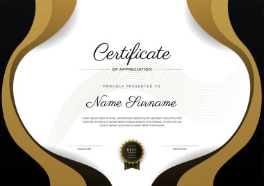 Altın rozetli ve sınırlı modern, zarif, siyah bir başarı şablonu sertifikası. Diploma, ödül, iş, üniversite, okul ve şirket için tasarlandı..