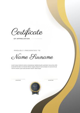 Altın rozetli ve sınırlı modern siyah ve kahverengi başarı sertifikası. Diploma, ödül, iş, üniversite, okul ve şirket için tasarlandı..
