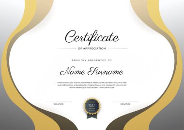 Altın rozetli ve sınırlı modern siyah ve kahverengi başarı sertifikası. Diploma, ödül, iş, üniversite, okul ve şirket için tasarlandı..