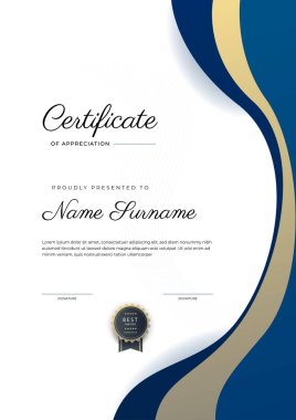 Altın rozetli ve sınırlı modern mavi ve altın sertifikalı başarı şablonu. Diploma, ödül, iş, üniversite, okul ve şirket için tasarlandı..