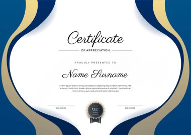 Altın rozetli ve sınırlı modern mavi ve altın sertifikalı başarı şablonu. Diploma, ödül, iş, üniversite, okul ve şirket için tasarlandı..