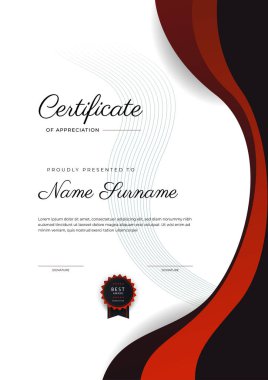 Altın rozetli ve sınırlı modern siyah-kırmızı başarı şablonu. Diploma, ödül, iş, üniversite, okul ve şirket için tasarlandı..