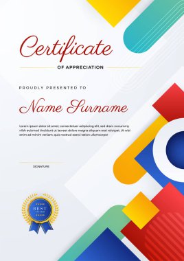 Renkli element sertifikası tasarım şablonuna sahip modern soyut. Kartvizit, diploma, davetiye, ödül, başarı, diploma, madalya, spor etkinliği ve takdir için kullanılabilir