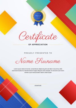 Renkli element sertifikası tasarım şablonuna sahip modern soyut. Kartvizit, diploma, davetiye, ödül, başarı, diploma, madalya, spor etkinliği ve takdir için kullanılabilir