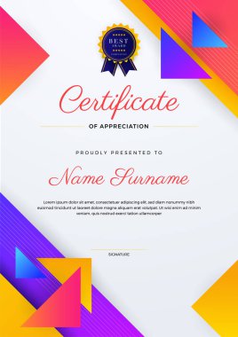 Renkli element sertifikası tasarım şablonuna sahip modern soyut. Kartvizit, diploma, davetiye, ödül, başarı, diploma, madalya, spor etkinliği ve takdir için kullanılabilir