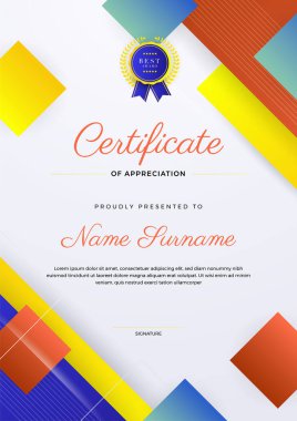 Modern premium renkli mavi sarı kırmızı pembe pembe sertifika şablon tasarımı arka plan