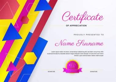 Modern premium renkli mavi sarı kırmızı pembe pembe sertifika şablon tasarımı arka plan