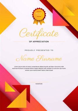Takdir belgesi, renkli ve mavi turuncu renk. Rozetli temiz modern sertifika. Lüks ve modern sınır şablonu sertifikası. Diploma vektör şablonu