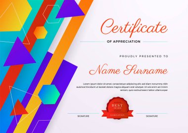 Takdir belgesi, renkli ve mavi turuncu renk. Rozetli temiz modern sertifika. Lüks ve modern sınır şablonu sertifikası. Diploma vektör şablonu
