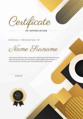 Altın rozetli ve sınırlı modern siyah ve kahverengi başarı sertifikası. Diploma, ödül, iş, üniversite, okul ve şirket için tasarlandı..