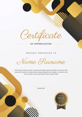 Altın rozetli ve sınırlı modern siyah ve kahverengi başarı sertifikası. Diploma, ödül, iş, üniversite, okul ve şirket için tasarlandı..