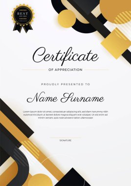 Altın rozetli ve sınırlı modern siyah ve kahverengi başarı sertifikası. Diploma, ödül, iş, üniversite, okul ve şirket için tasarlandı..