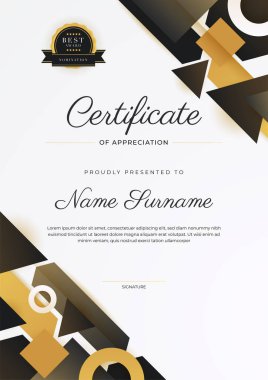 Altın rozetli ve sınırlı modern siyah ve kahverengi başarı sertifikası. Diploma, ödül, iş, üniversite, okul ve şirket için tasarlandı..