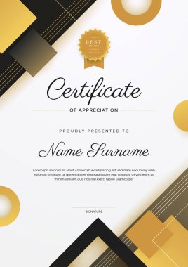Altın rozetli ve sınırlı modern siyah ve kahverengi başarı sertifikası. Diploma, ödül, iş, üniversite, okul ve şirket için tasarlandı..