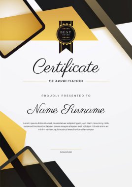 Altın rozetli ve sınırlı modern siyah ve kahverengi başarı sertifikası. Diploma, ödül, iş, üniversite, okul ve şirket için tasarlandı..