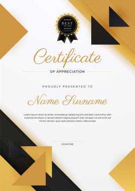 Altın rozetli ve sınırlı modern siyah ve kahverengi başarı sertifikası. Diploma, ödül, iş, üniversite, okul ve şirket için tasarlandı..