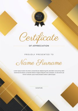Altın rozetli ve sınırlı modern siyah ve kahverengi başarı sertifikası. Diploma, ödül, iş, üniversite, okul ve şirket için tasarlandı..