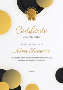 Altın rozetli ve sınırlı modern siyah ve kahverengi başarı sertifikası. Diploma, ödül, iş, üniversite, okul ve şirket için tasarlandı..