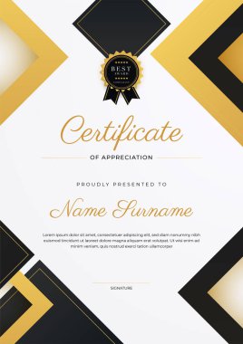 Altın rozetli ve sınırlı modern siyah ve kahverengi başarı sertifikası. Diploma, ödül, iş, üniversite, okul ve şirket için tasarlandı..