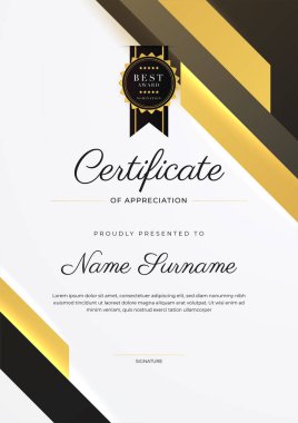 Altın rozetli ve sınırlı modern siyah ve kahverengi başarı sertifikası. Diploma, ödül, iş, üniversite, okul ve şirket için tasarlandı..