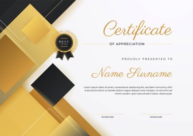 Altın rozetli ve sınırlı modern siyah ve kahverengi başarı sertifikası. Diploma, ödül, iş, üniversite, okul ve şirket için tasarlandı..